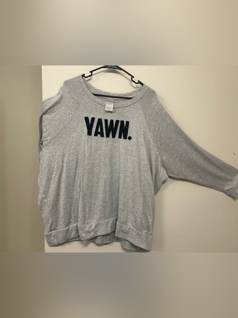 Secret Treasures Heather Gray Crewneck with Navy 'YAWN' Flocked Lettering